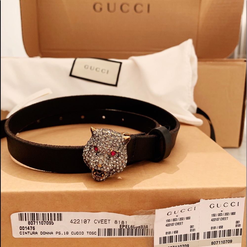 Authentic rare Gucci black crystal Felinehead belt
